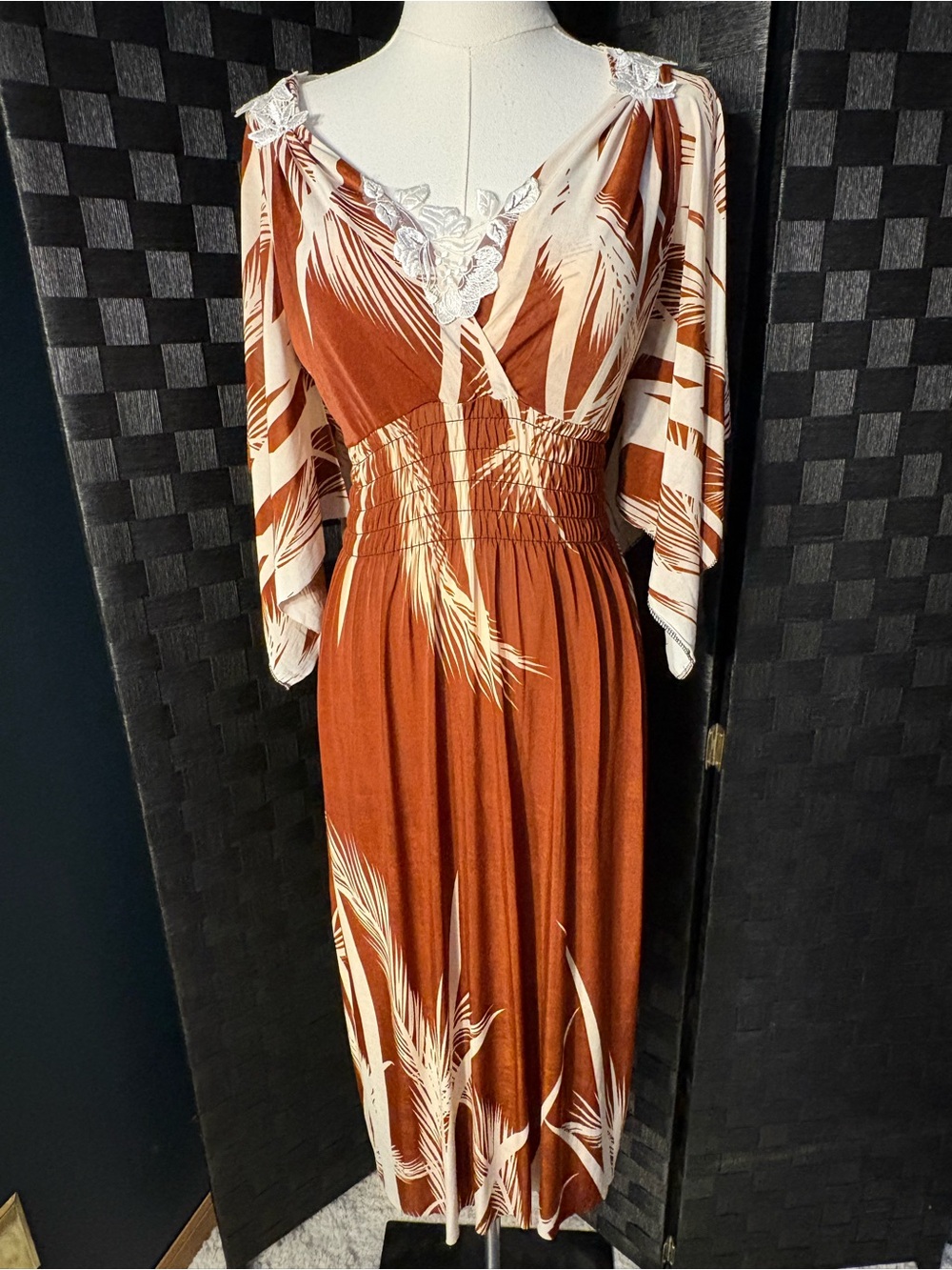 Rust Palm-Print boho Long Sleeve Midi Dress with Lace Trim